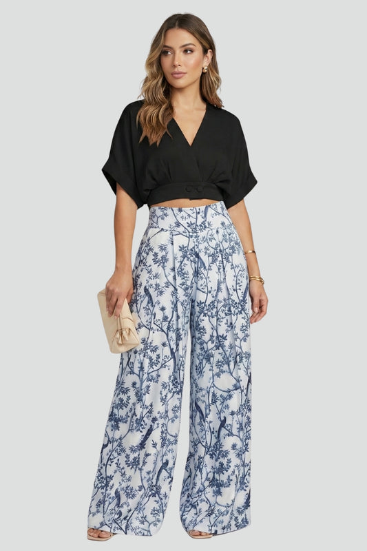 Elegant women's V-neck top and wide leg trousers set, a comfortable & fashionable two-piece loungewear.