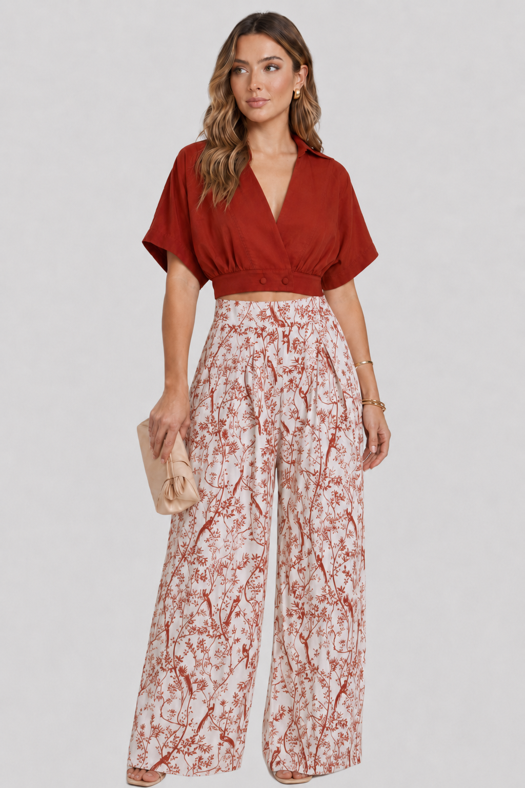 Versatile women's V-neck top & wide leg trousers matching set, perfect for elegant casual wear or loungewear.