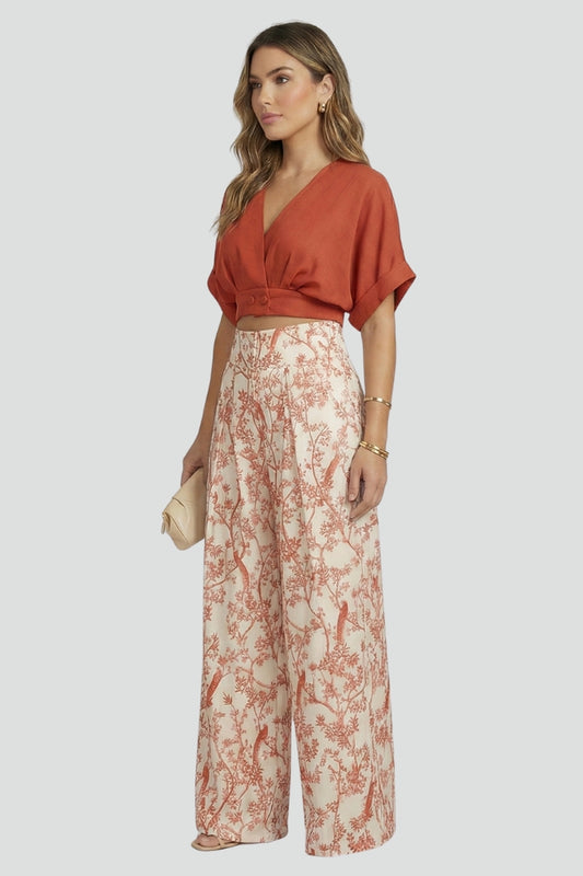 Women's V-neck top & wide leg trousers set, a chic two-piece for summer fashion and comfortable loungewear.