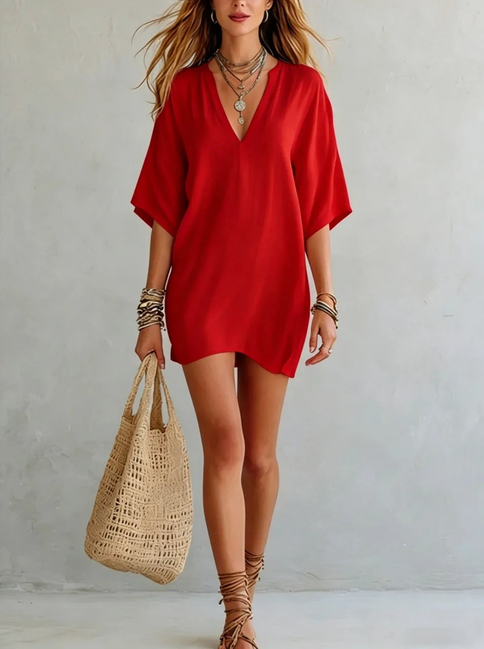 Chic V-neck tunic mini dress for women, a relaxed fit summer dress perfect as beachwear or casual outfit.