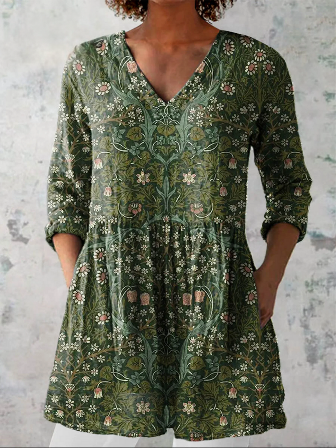 Women's V-Neck Tunic Shirt, loose fit, lightweight, three-quarter sleeve for casual summer comfort.