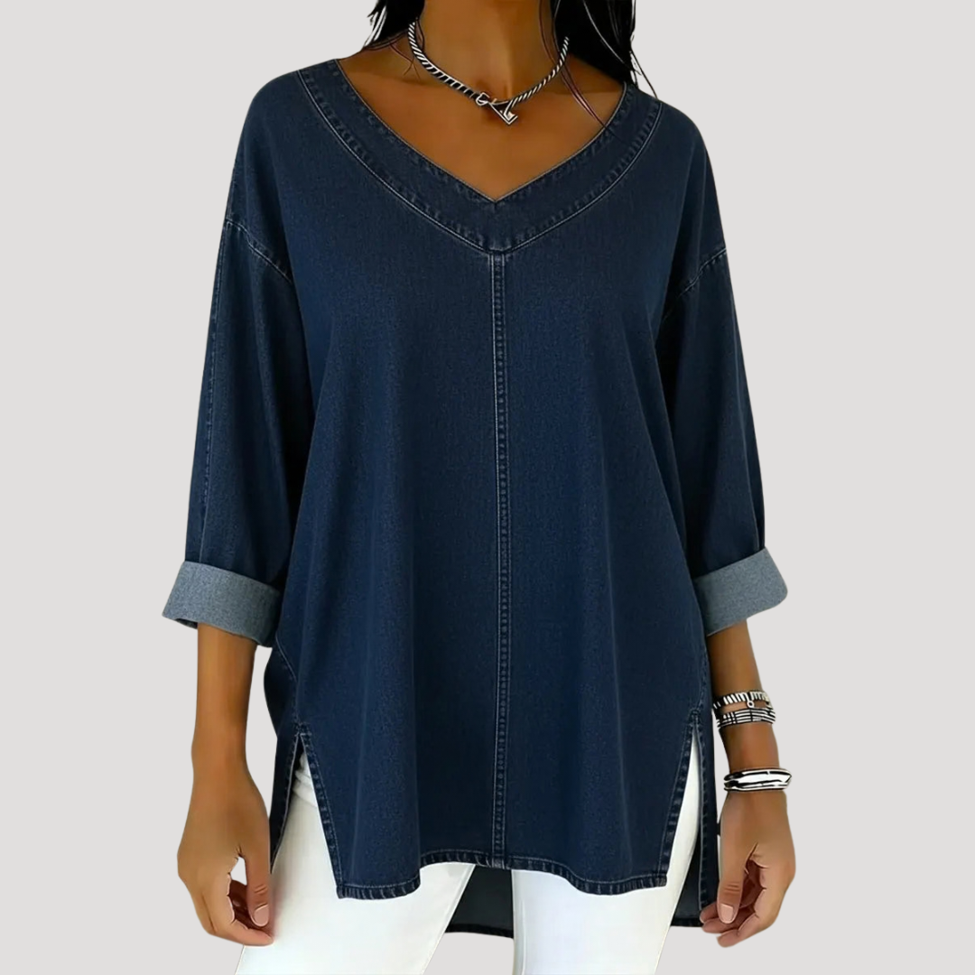 Effortless women's V-neck tunic top with relaxed fit, elbow sleeves & stylish side slits. Casual & comfortable.