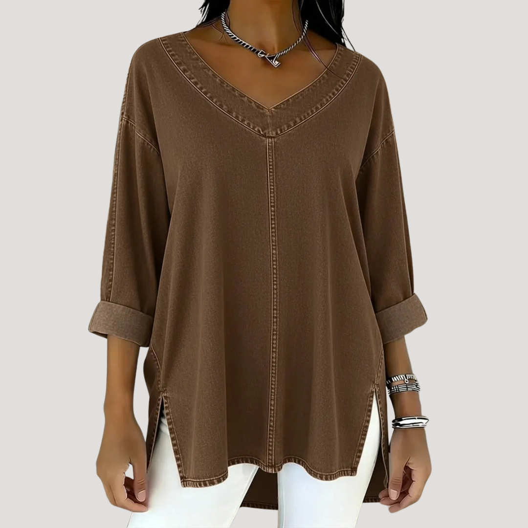 Stylish women's V-neck tunic, longline & relaxed fit. Elbow sleeves, versatile for everyday fashion.