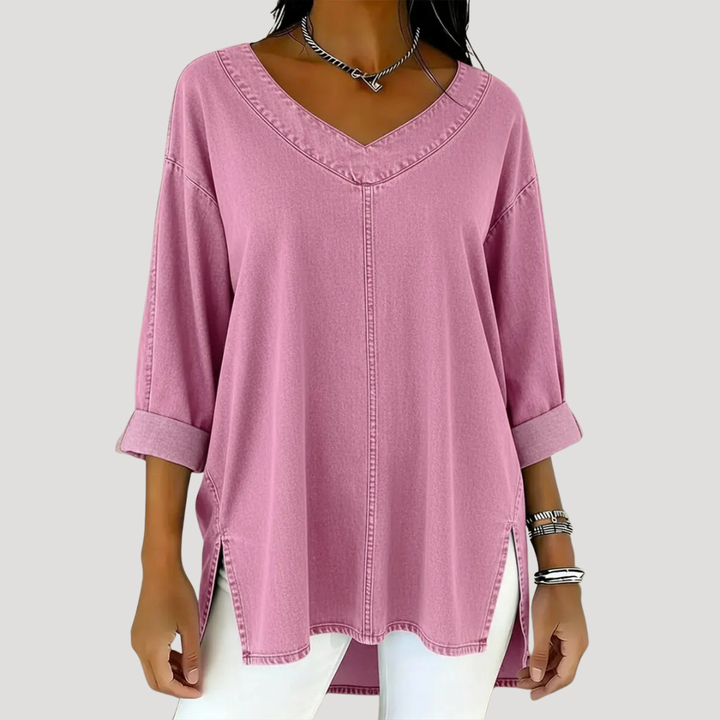 Womens V-neck elbow sleeve tunic top. Relaxed fit, longline & comfortable for versatile casual fashion.