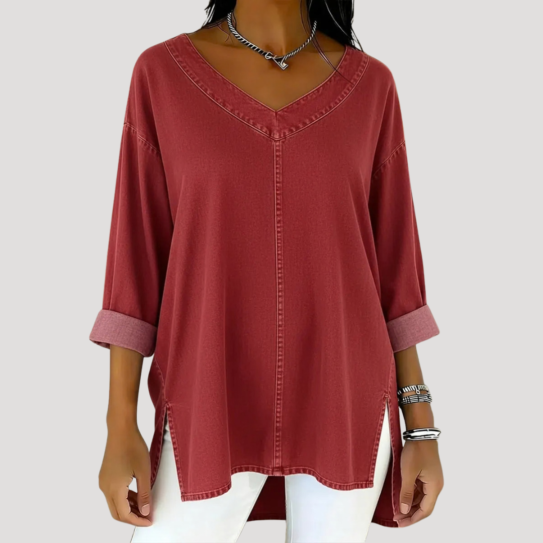 Effortless comfort: Women's relaxed fit V-neck tunic with elbow sleeves. Perfect casual top for everyday style.