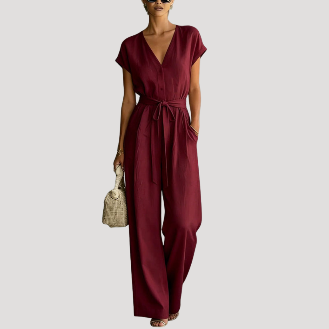 Elegant women's V-neck wide-leg jumpsuit. Adjustable tie waist for a flattering, comfortable fit.