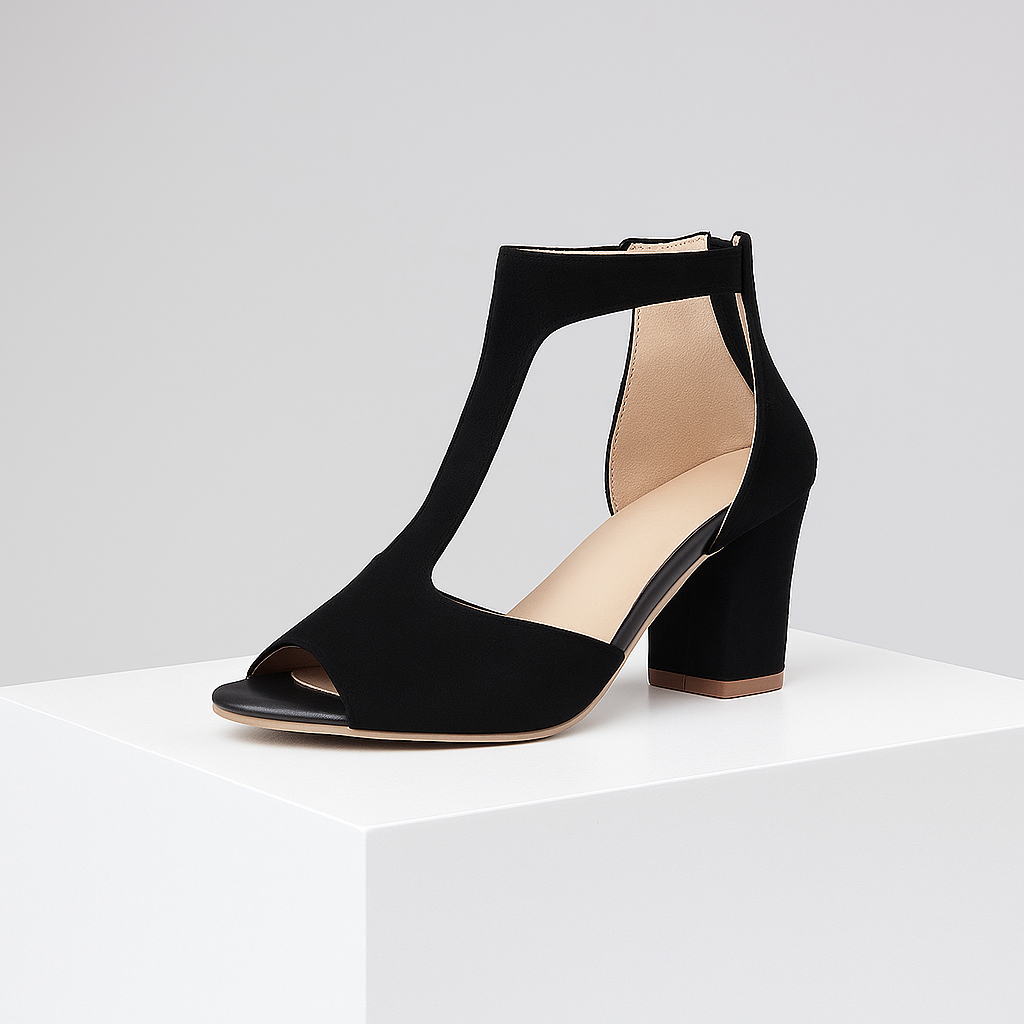 Women's Valdora comfortable black block heels. Elegant T-strap open-toe design for versatile day to evening wear.
