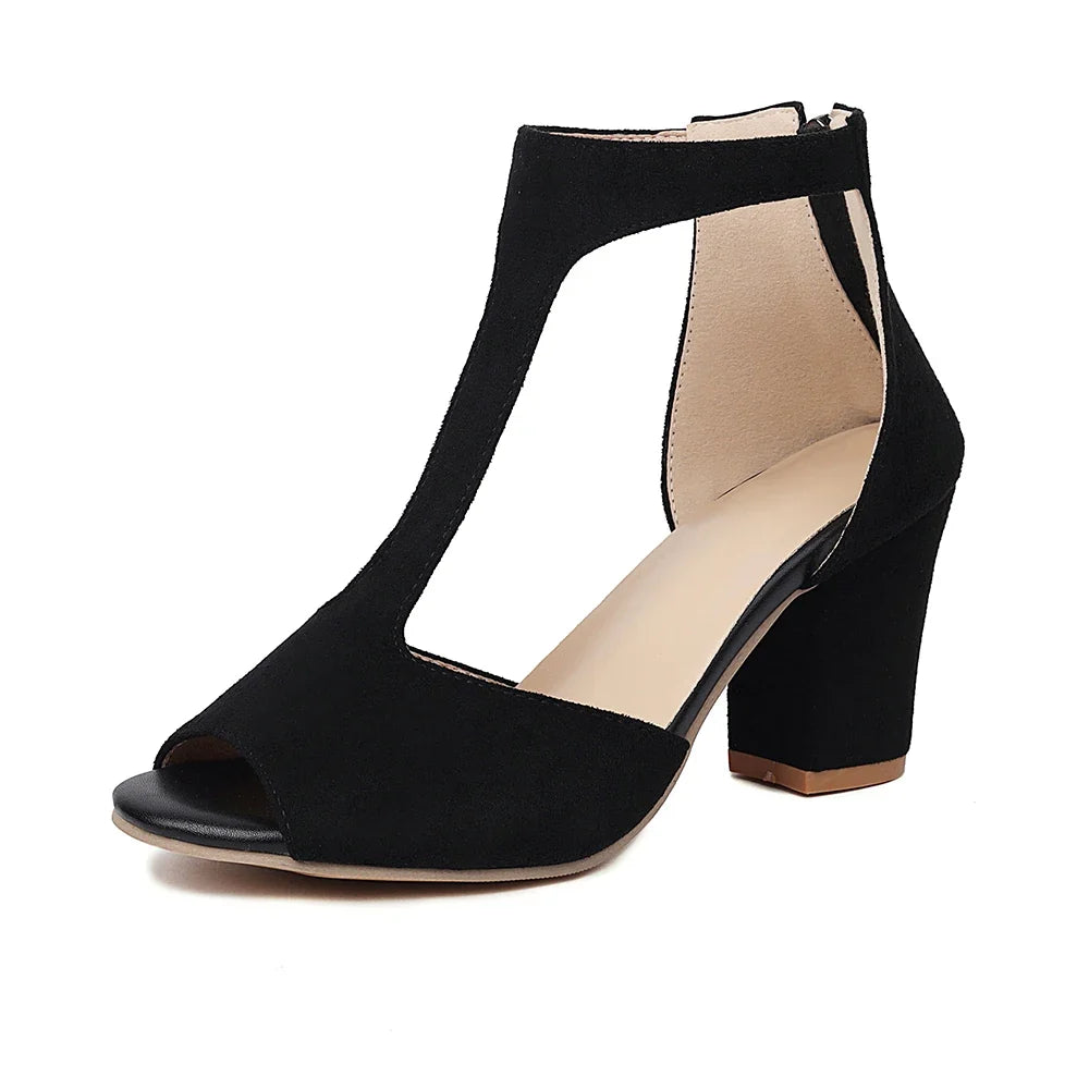 Side view of women's Valdora comfortable beige block heels. Features elegant T-strap and open-toe design.