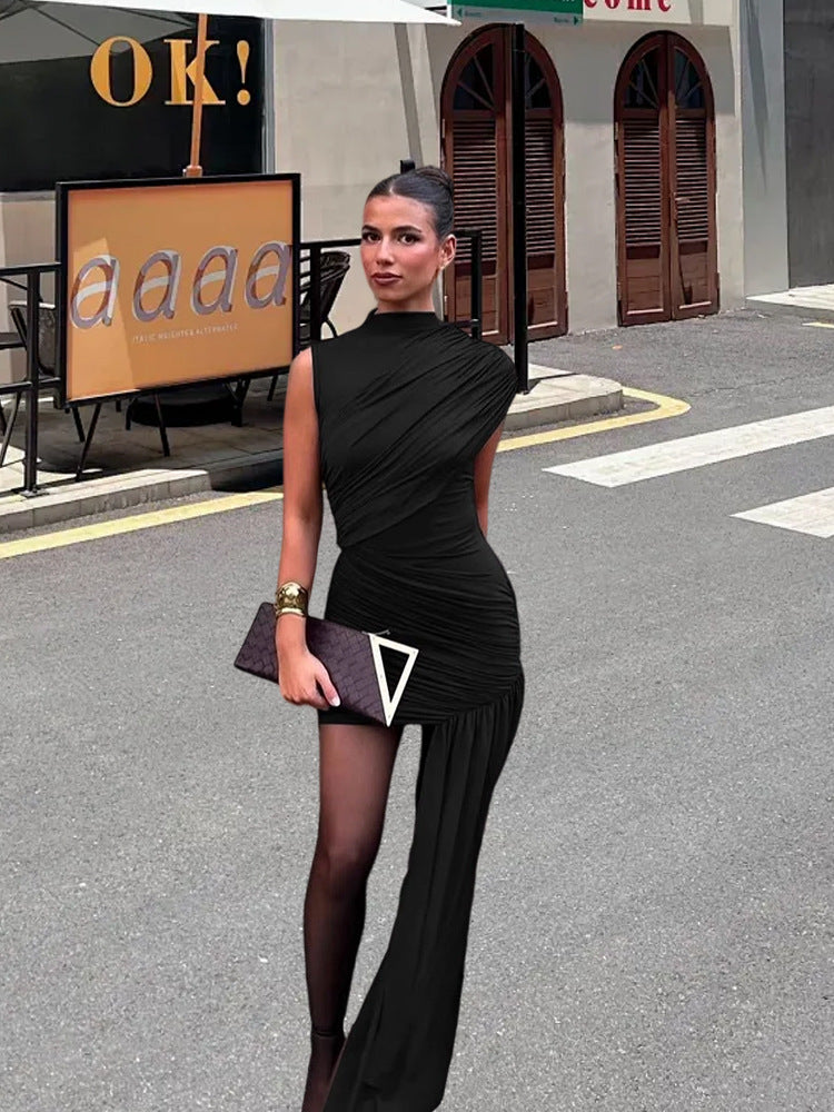 Chic women's elegant draped mini dress with asymmetrical design. A stylish sleeveless fashion dress for evening wear.