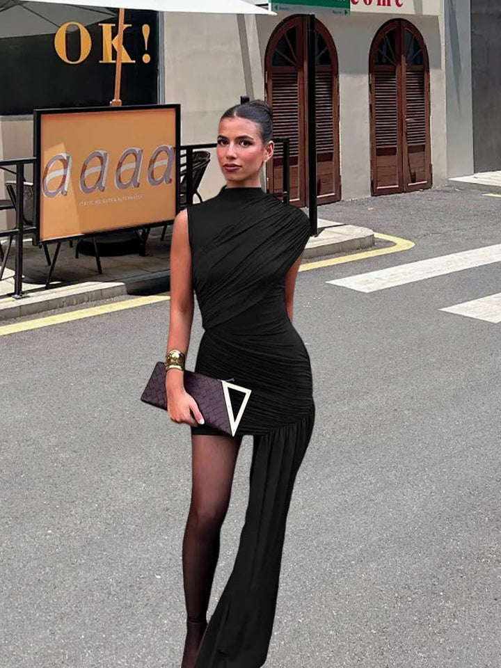 Chic women's elegant draped mini dress with asymmetrical design. A stylish sleeveless fashion dress for evening wear.