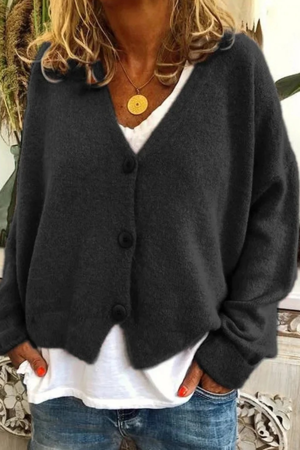 Comfortable long sleeve button cardigan, essential for winter warmth.