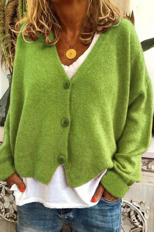 Soft knit button cardigan, great for fall layering and cozy comfort.