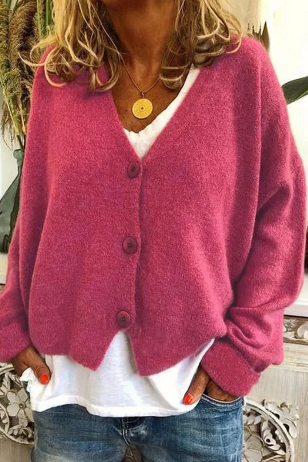 Warm knit button cardigan, perfect for fall fashion and winter layering.