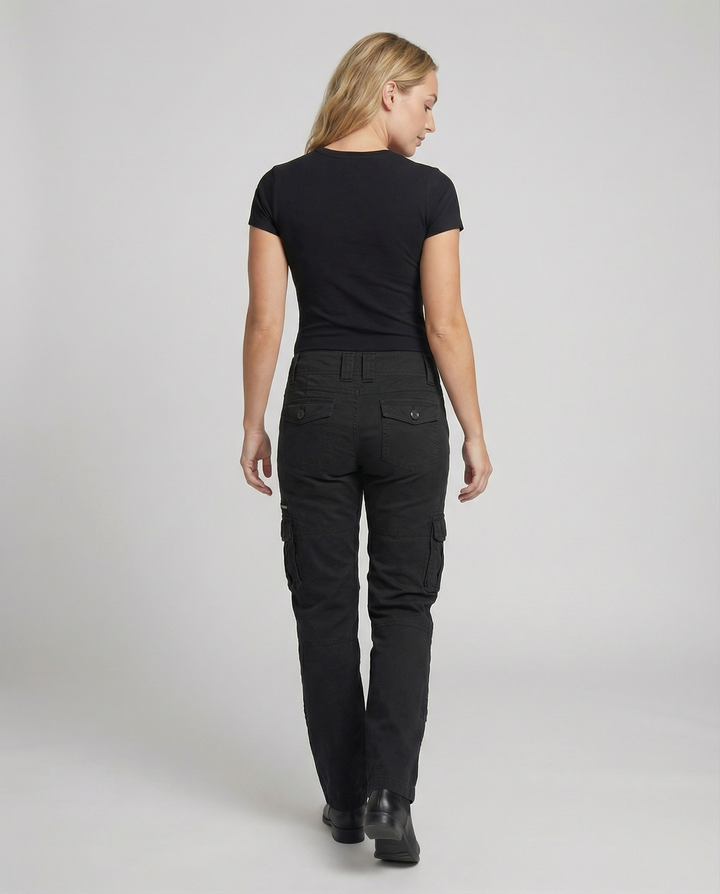 Stylish women's versatile cargo pants, great for travel, combining utility pockets with fashion.