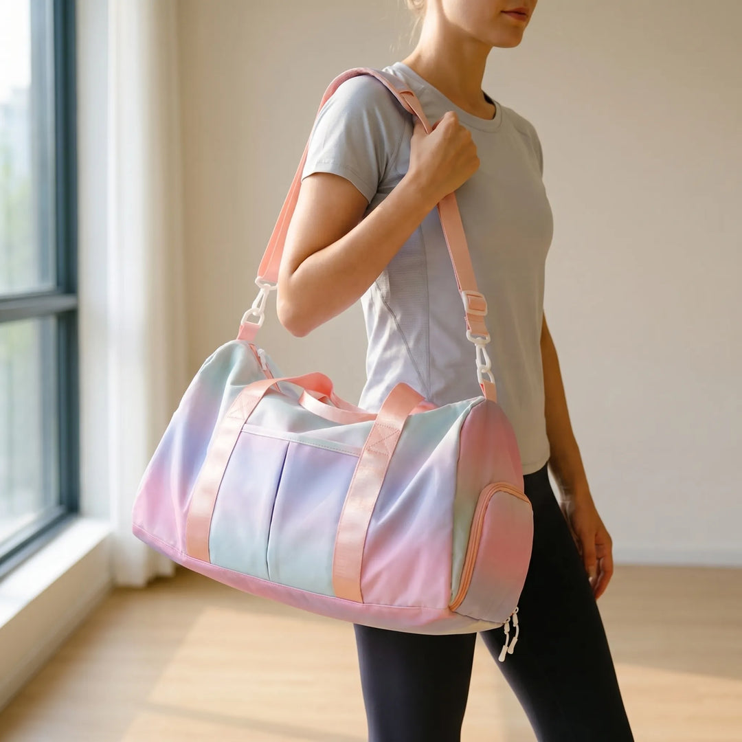 Women's versatile gym duffel bag with separate shoe compartment. Durable for fitness, workouts, and travel.