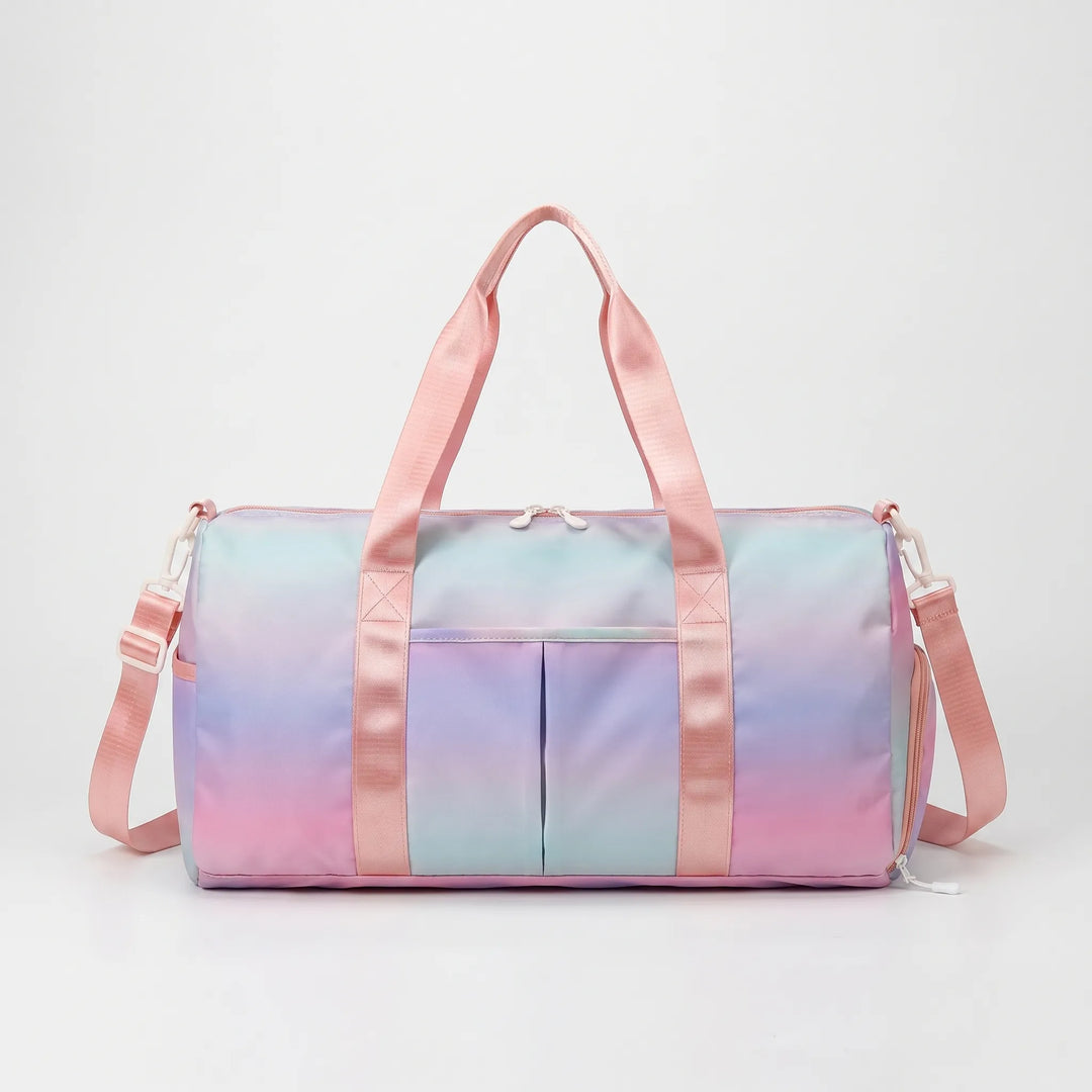 Stylish women's oxford fabric gym duffel bag. Features separate shoe compartment, perfect for fitness & active travel.