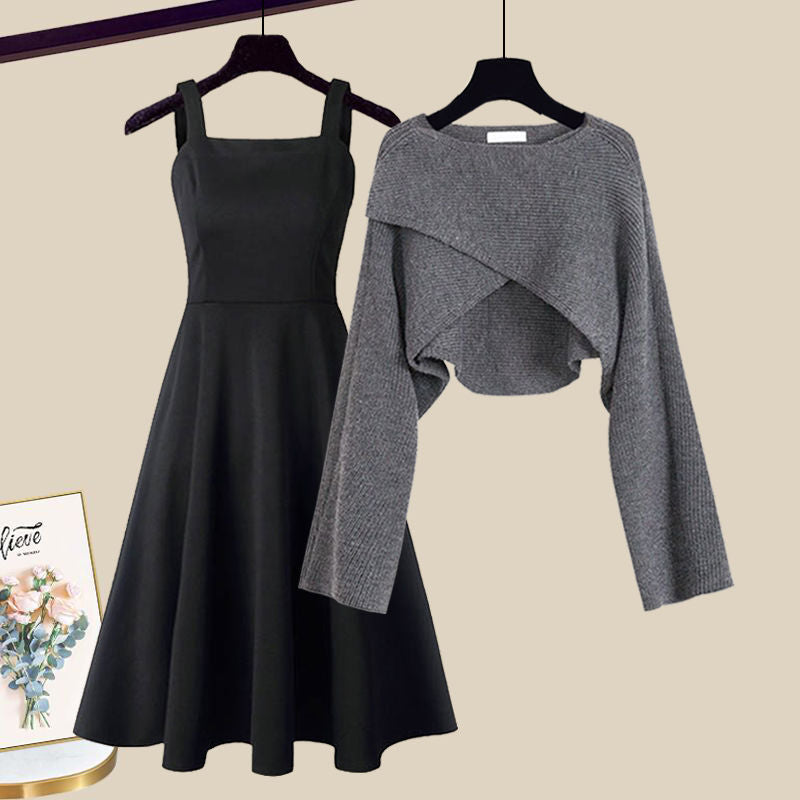 Women's versatile layered knit dress set with elegant A-line dress and chic cropped sweater for fall fashion.