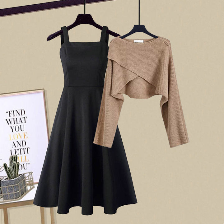 Chic women's knit A-line dress and matching cropped sweater set, perfect for versatile layered fall/winter outfits.