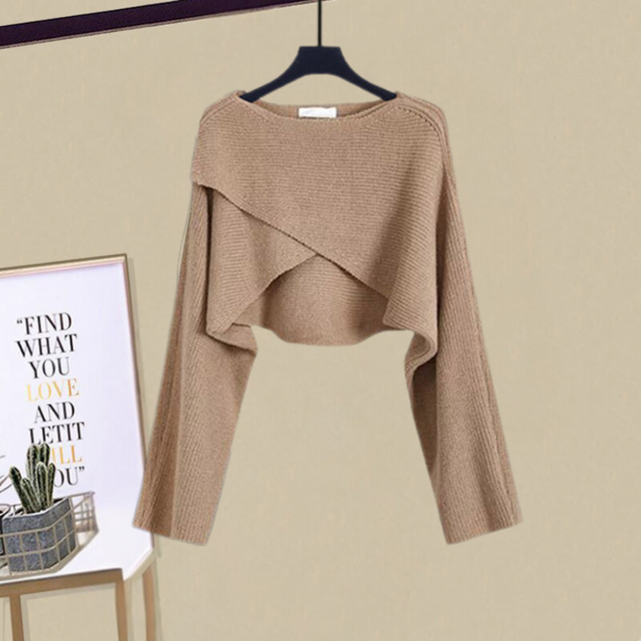 Cozy women's knit sweater set featuring a long A-line dress and warm cropped top, ideal for fall & winter style.