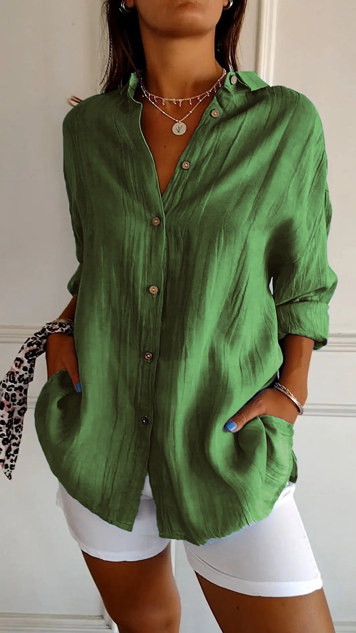 Women's long sleeve button-down shirt, an oversized relaxed fit blouse; great for casual spring style.