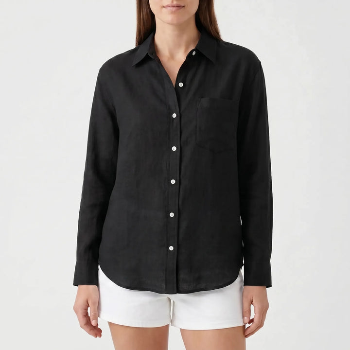 Professional women's long-sleeved button-up work blouse, offering comfortable and smart office attire.