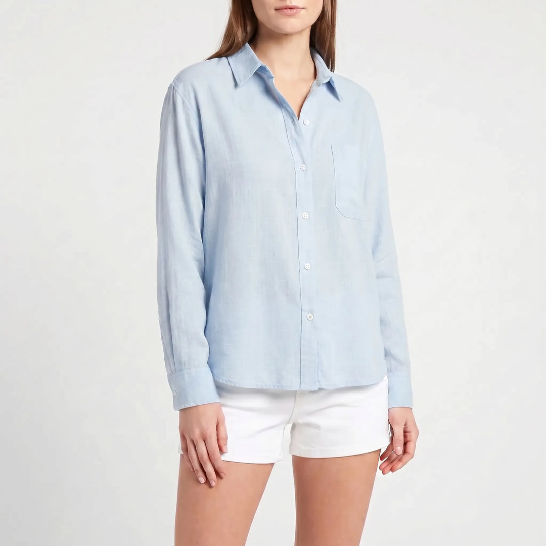 Smart casual women's long-sleeved button-up blouse, an essential for office or daily wear.