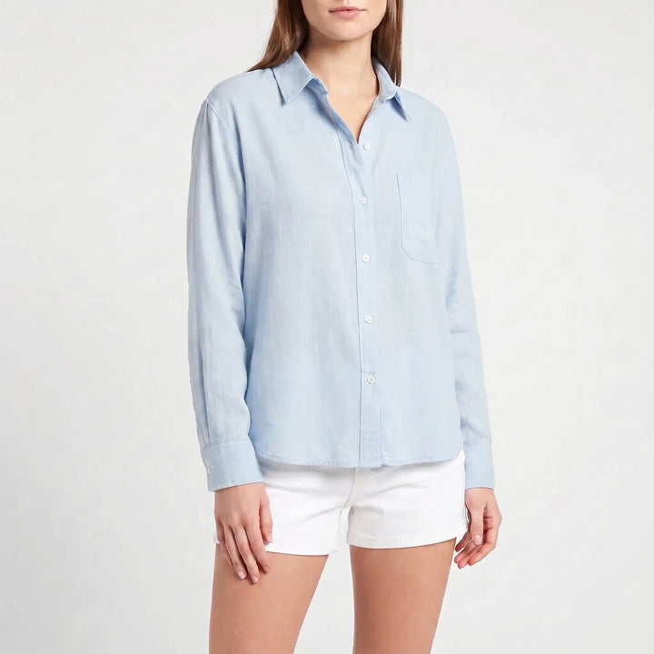 Smart casual women's long-sleeved button-up blouse, an essential for office or daily wear.