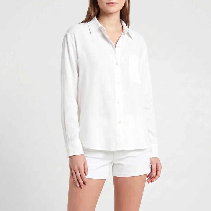 Comfortable long-sleeve women's button-up shirt, versatile for all-season everyday & work wear.