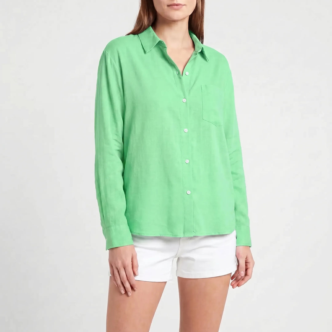 Women's button-up long-sleeve top, a versatile and comfortable shirt for work or everyday fashion.