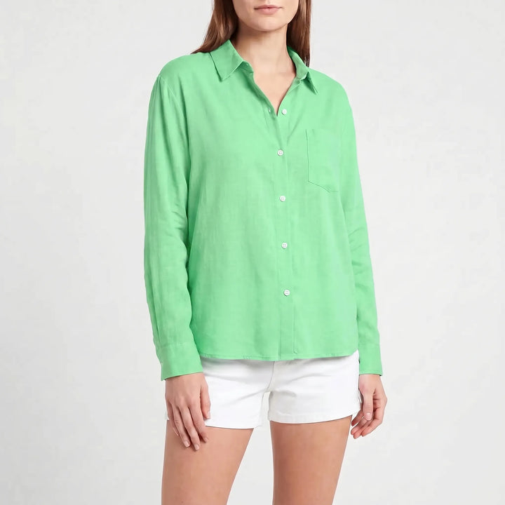 Women's button-up long-sleeve top, a versatile and comfortable shirt for work or everyday fashion.