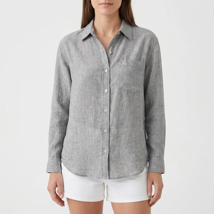 Everyday women's long-sleeve button-up blouse, perfect for versatile smart casual & office looks.