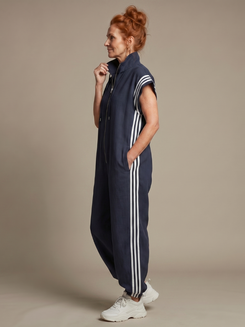 Everyday wear striped zip front jumpsuit for women, combining comfort and modern style.
