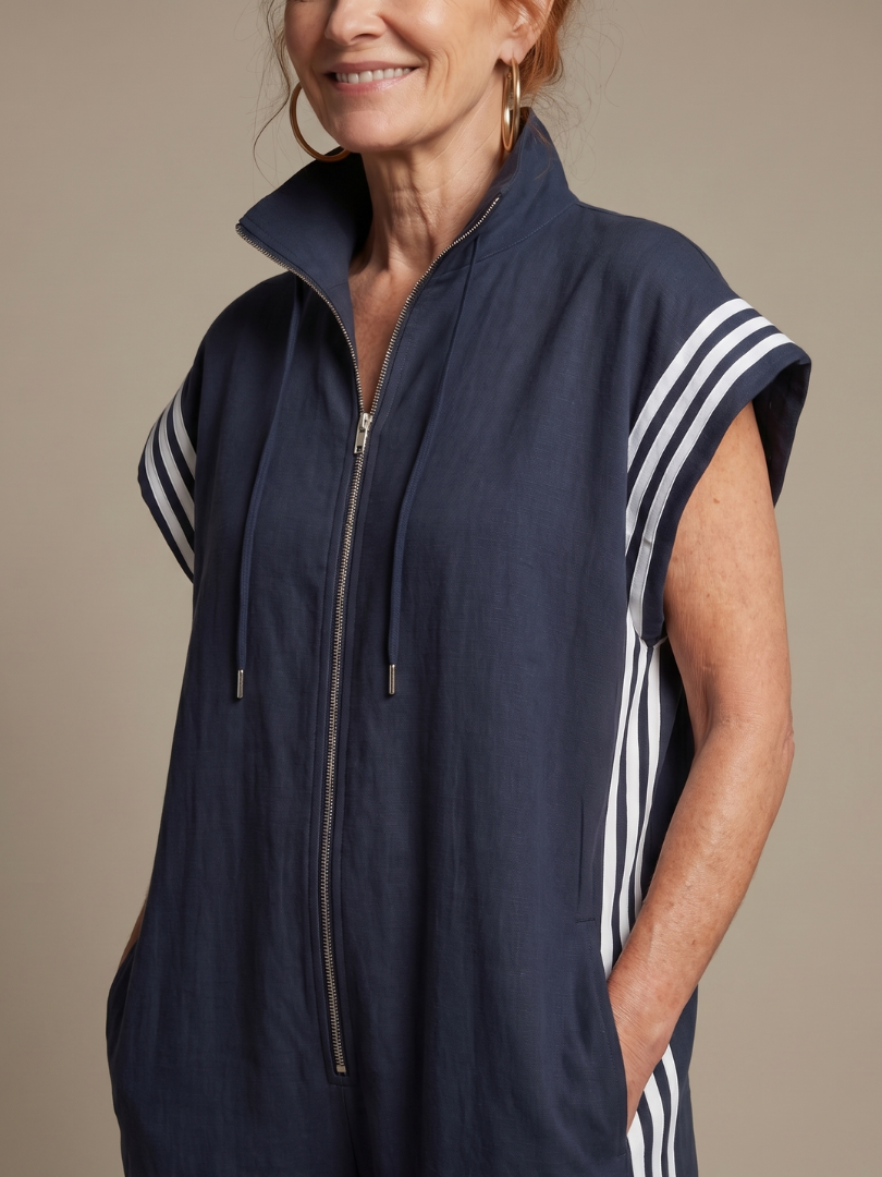 Stylish women's striped zip front jumpsuit, perfect for a chic and versatile look.
