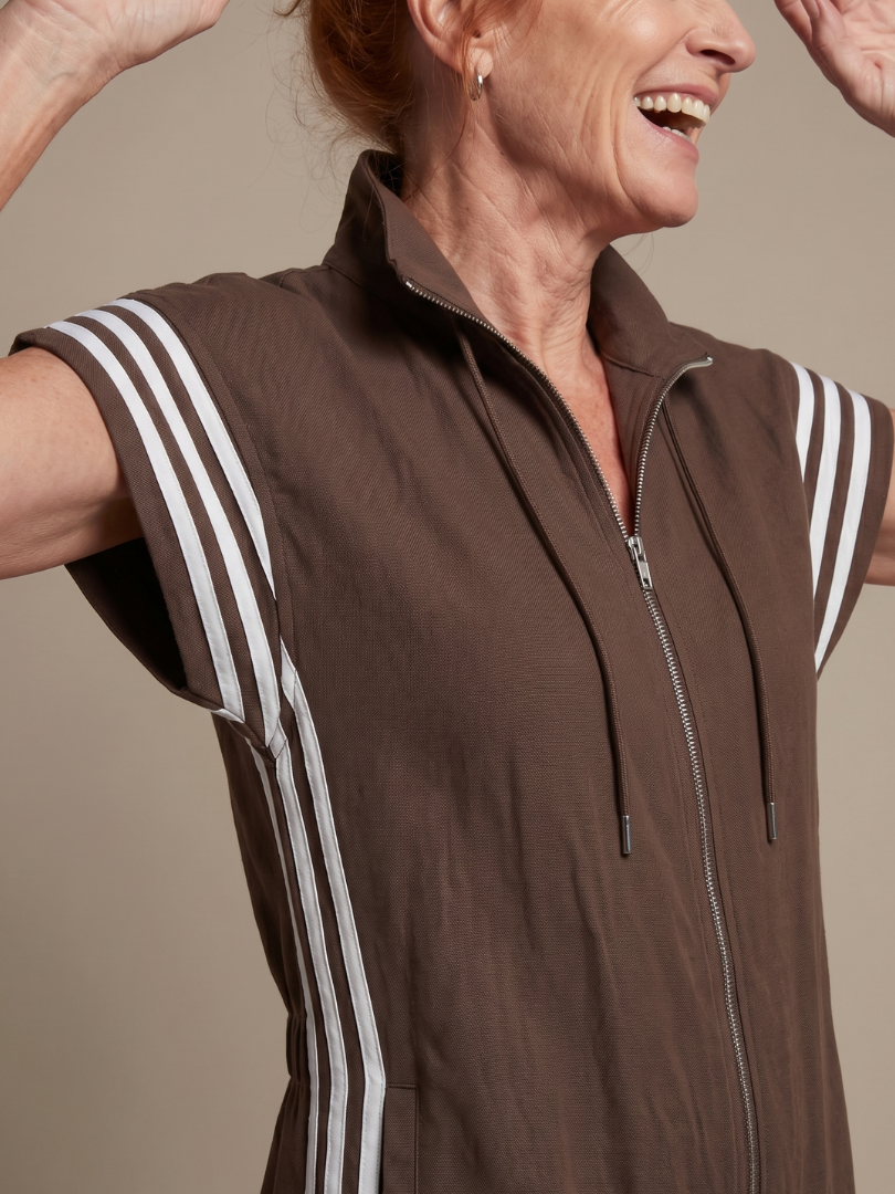 Women's elegant striped zip front jumpsuit, a versatile addition to any wardrobe.