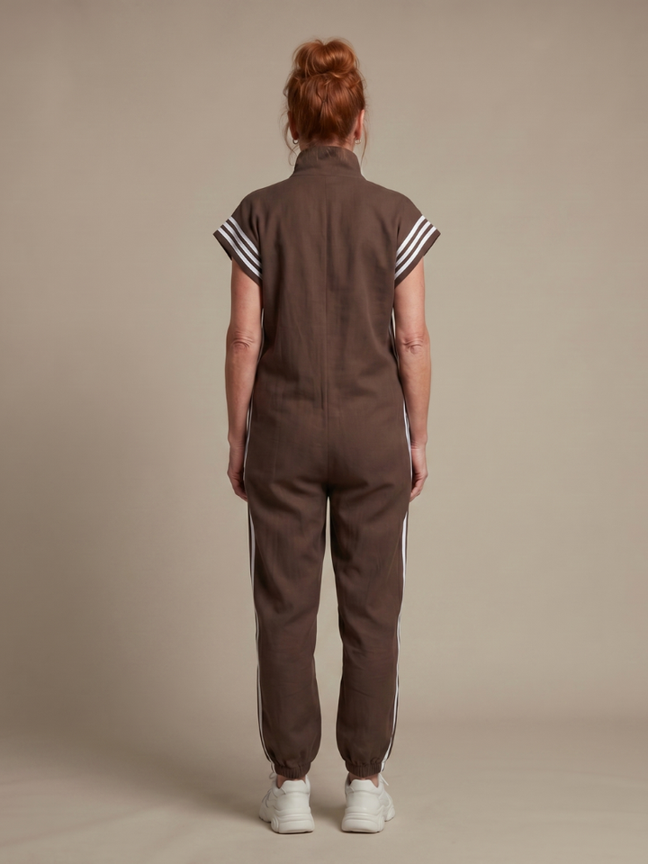 Cap sleeve striped zip front jumpsuit for women, offering both comfort and fashion.