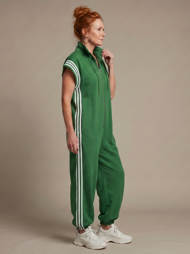 Women's versatile striped zip front one-piece, ideal for modern ladies' fashion.