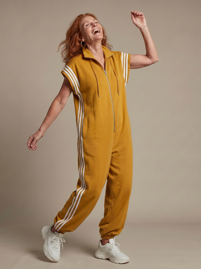 Striped zip front jumpsuit for women, featuring a comfortable relaxed fit and cap sleeves.