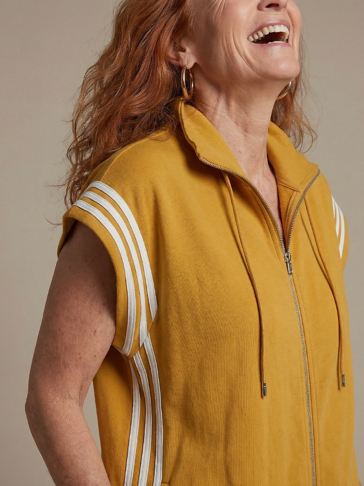 Ladies' fashion striped zip front jumpsuit, a modern and comfortable everyday option.