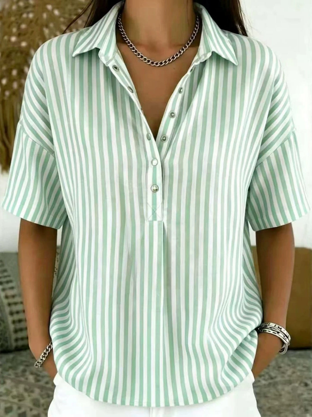 Women's vertical stripe blouse, relaxed fit, half-button front, perfect for casual spring & summer style.