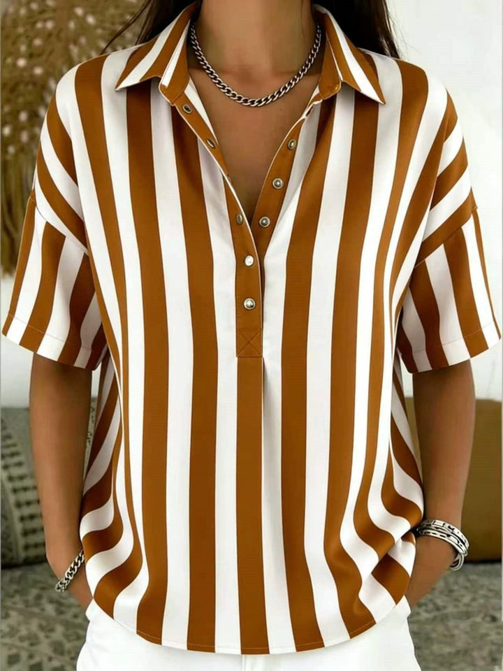 Women's vertical stripe half-button blouse, relaxed fit, short sleeve, perfect for spring & summer fashion.