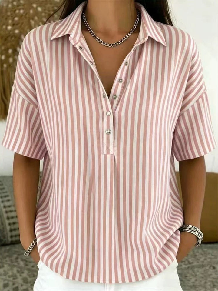 Comfortable short sleeve women's blouse. Vertical stripes, relaxed fit, half-button for summer & spring.