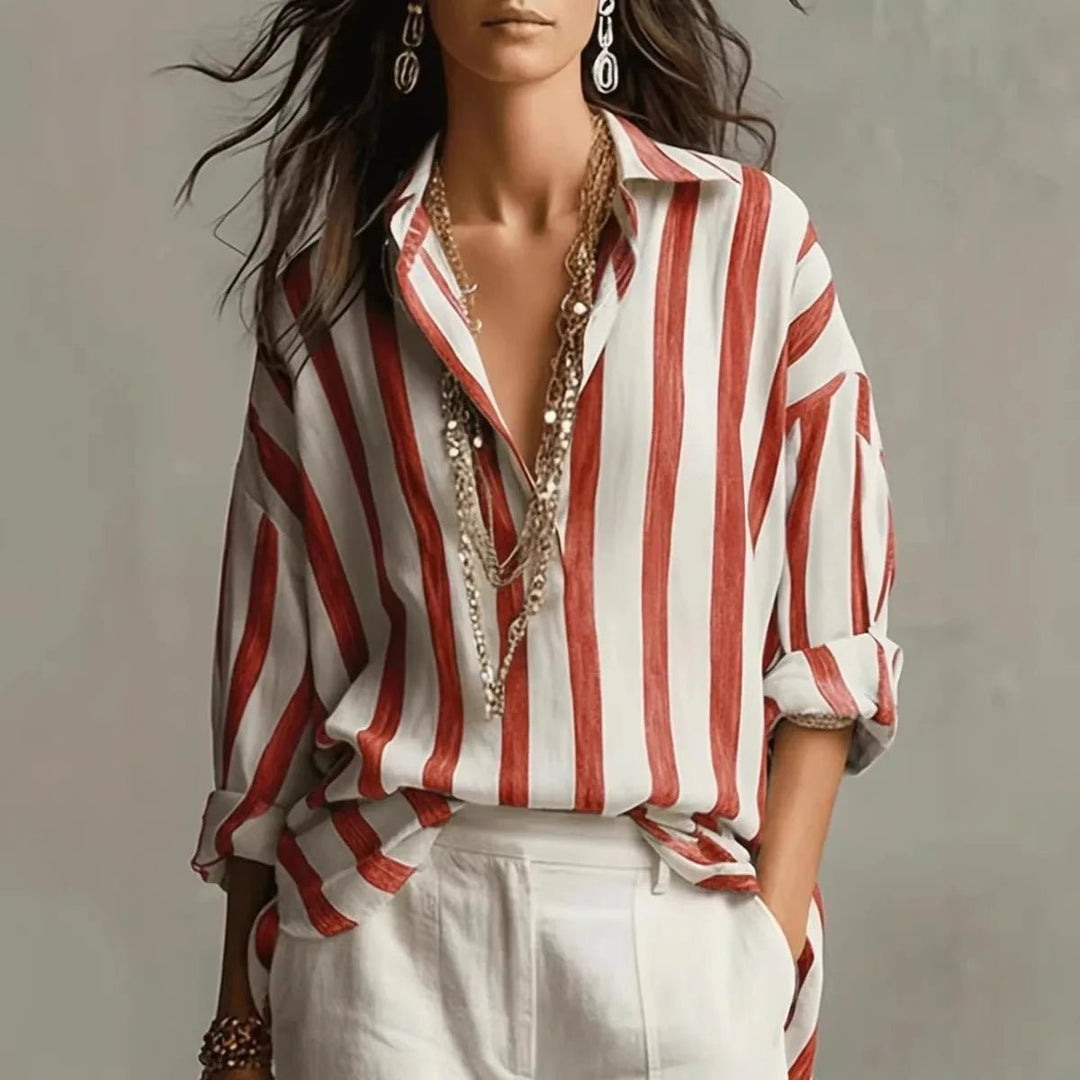 Elegant women's vertical stripe blouse featuring an open collar and long sleeves for effortless style & comfort.
