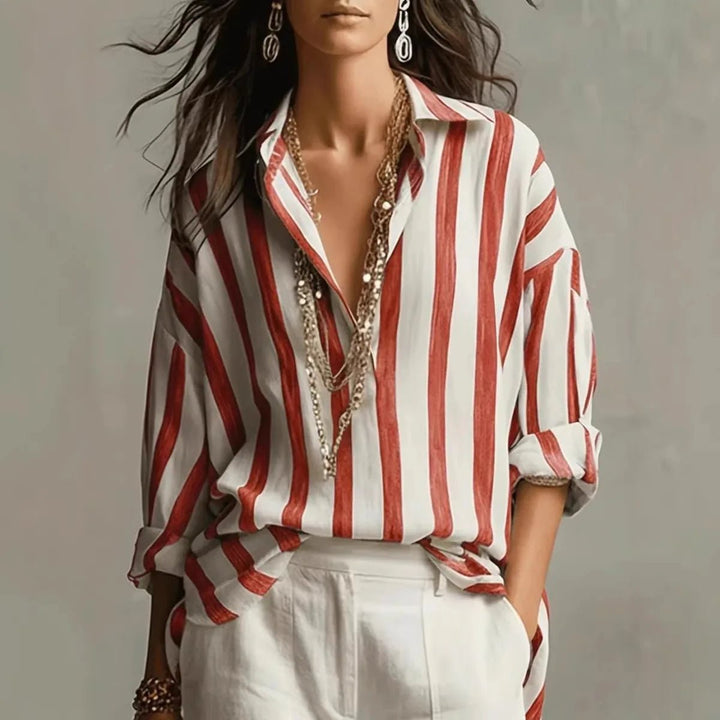 Elegant women's vertical stripe blouse featuring an open collar and long sleeves for effortless style & comfort.