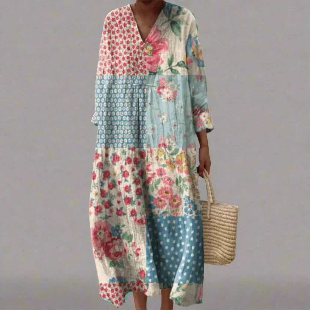 Women's vibrant abstract pattern comfort maxi dress, ideal for summer, vacation, or casual wear. Unique boho flowy style.