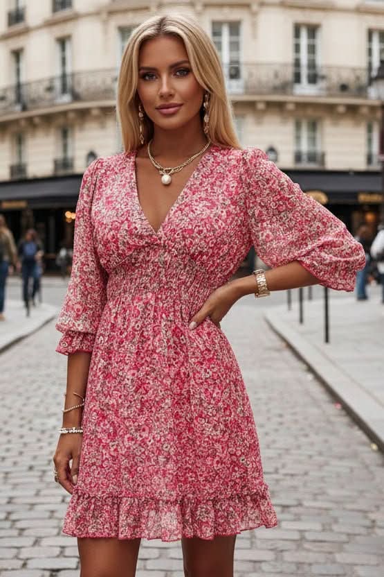 Short women's vibrant autumn dress with a unique pattern, suitable for both daytime and evening events.