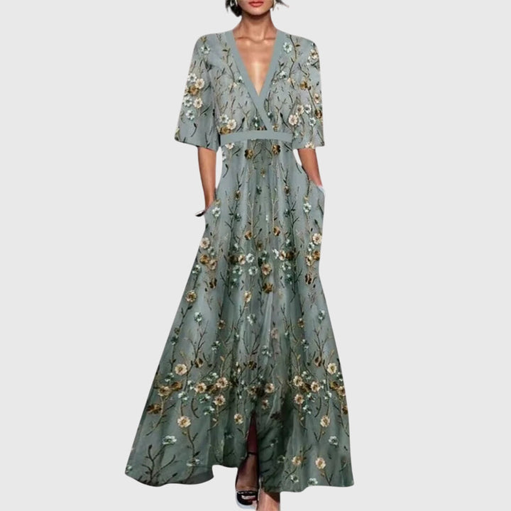 Flowy women's bold floral print maxi dress, a chic V-neck elegant gown with contrast trim for special occasions.
