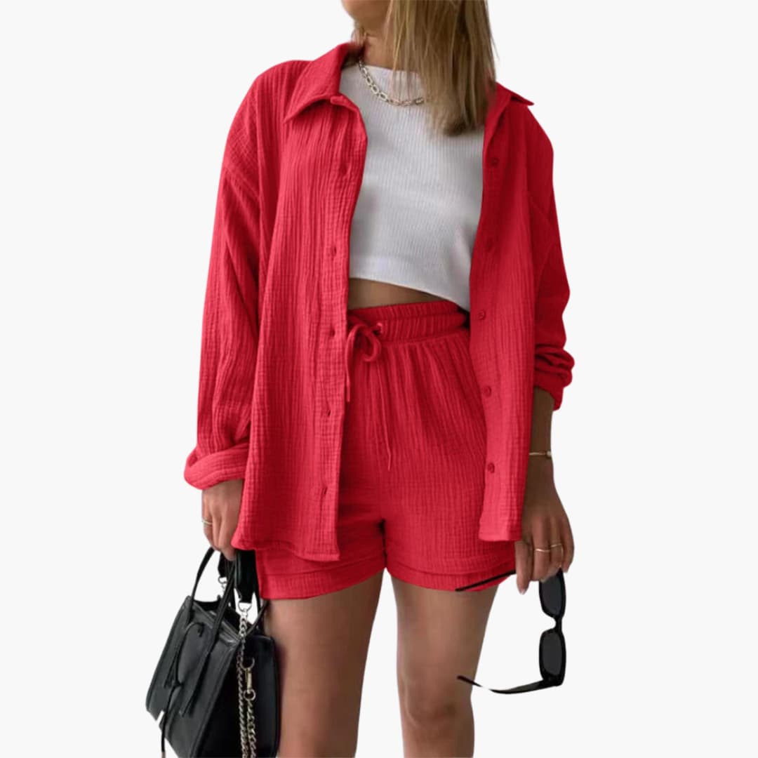 Relaxed women's two-piece matching set, vibrant color, perfect for beachwear.