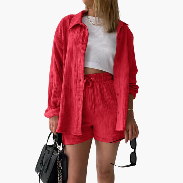 Relaxed women's two-piece matching set, vibrant color, perfect for beachwear.