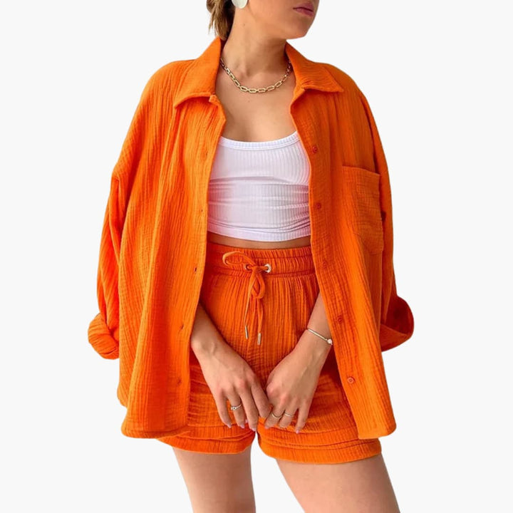 Comfortable women's spring attire, two-piece set with lightweight fabric.