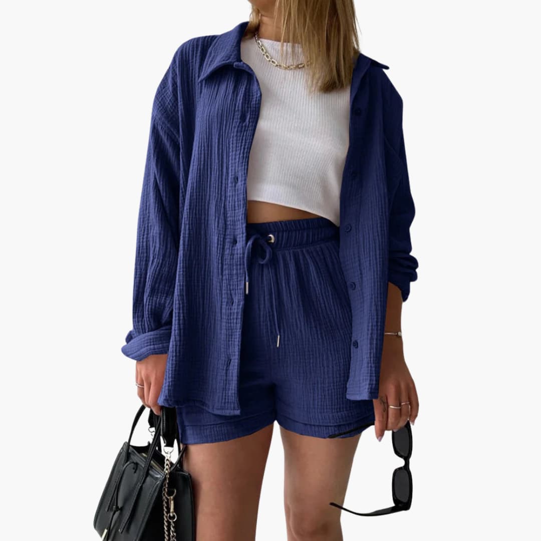 Vibrant women's matching outfit, lightweight two-piece for casual spring wear.
